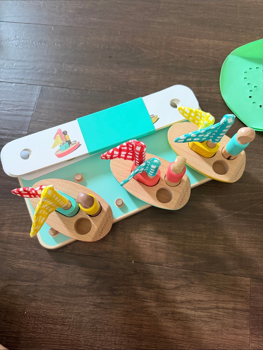 Wooden Peg Sandal Stacking Toy - Teal, Yellow, Red